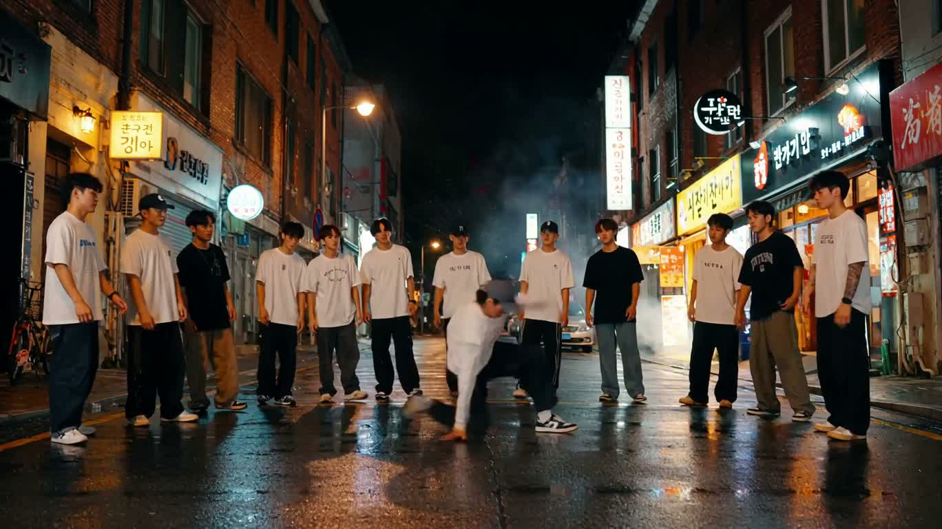 雨夜のネオン街頭ダンス対決 — AI video creation