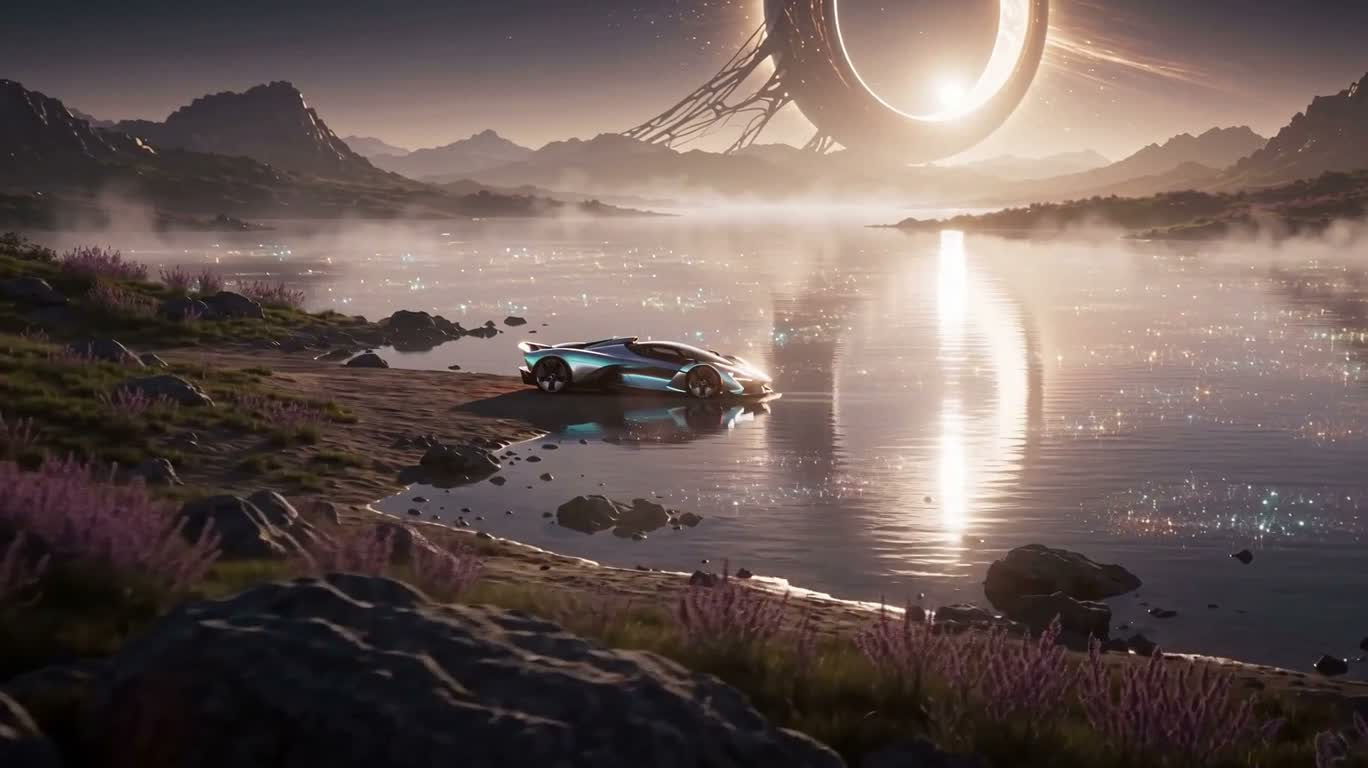 Voiture de sport futuriste au bord du lac de l'Anneau stellaire