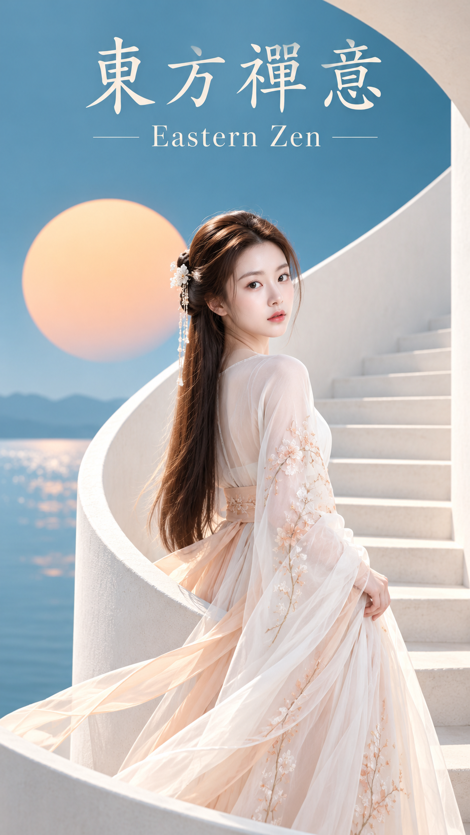 东方禅意极简旋梯古风女性封面 — AI image creation