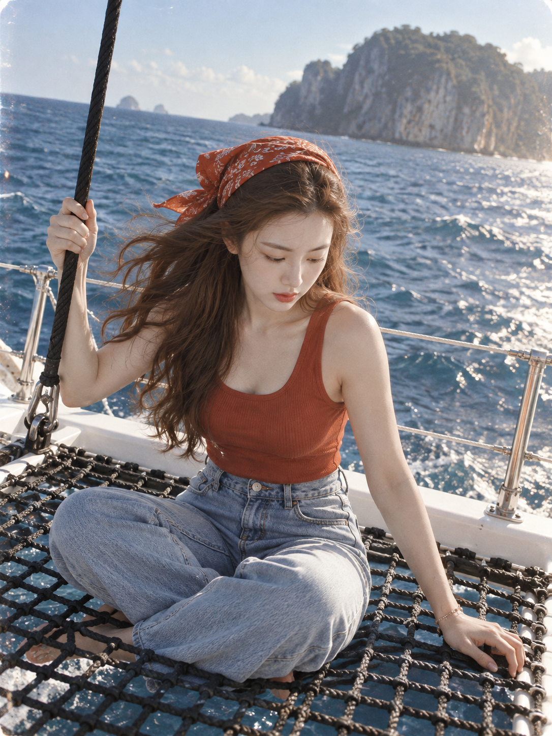 双体船前网兜上的成年女性海上旅行纪实肖像