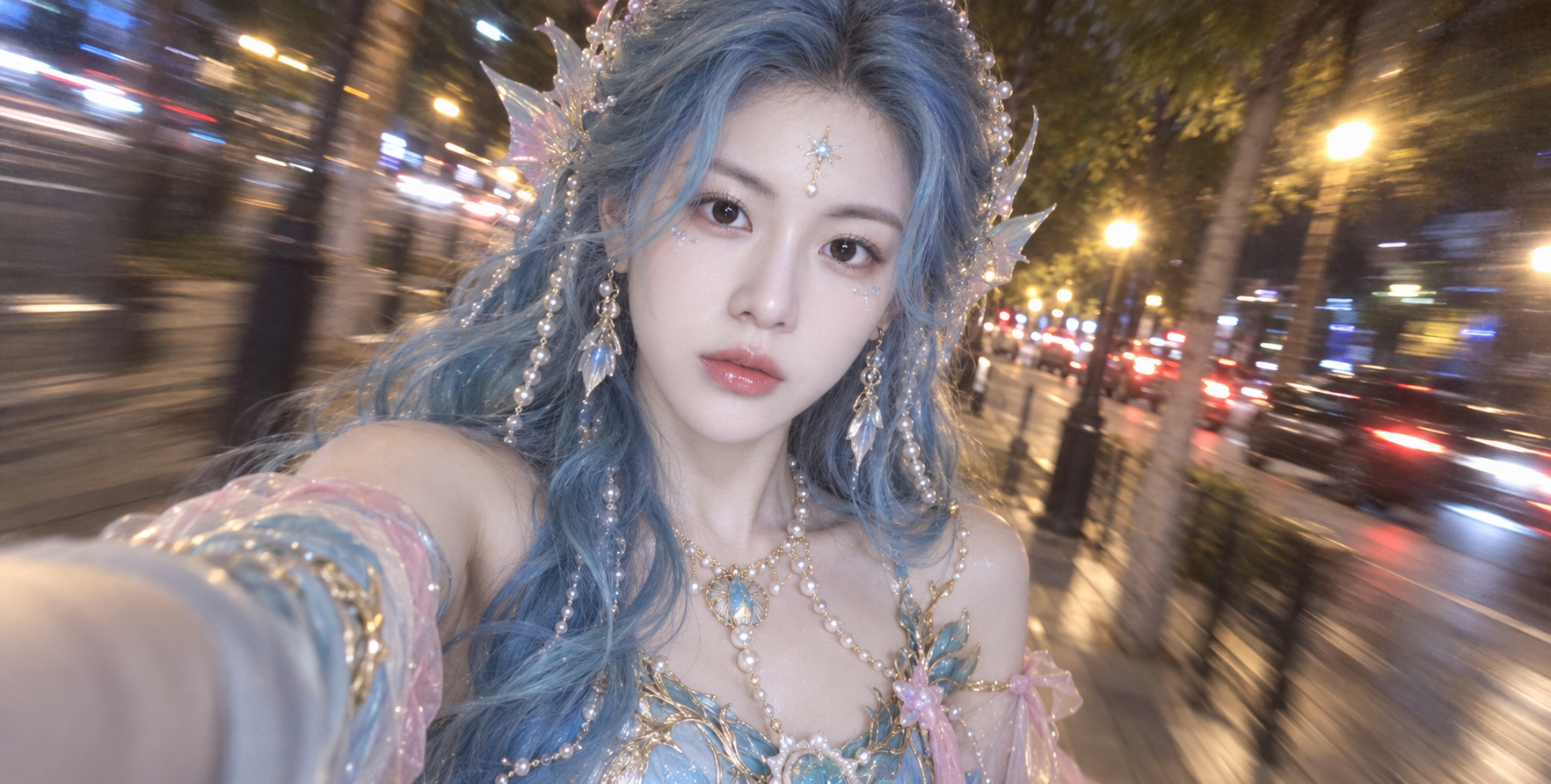 세이렌 판타지 스타일의 밤거리 폰 셀카