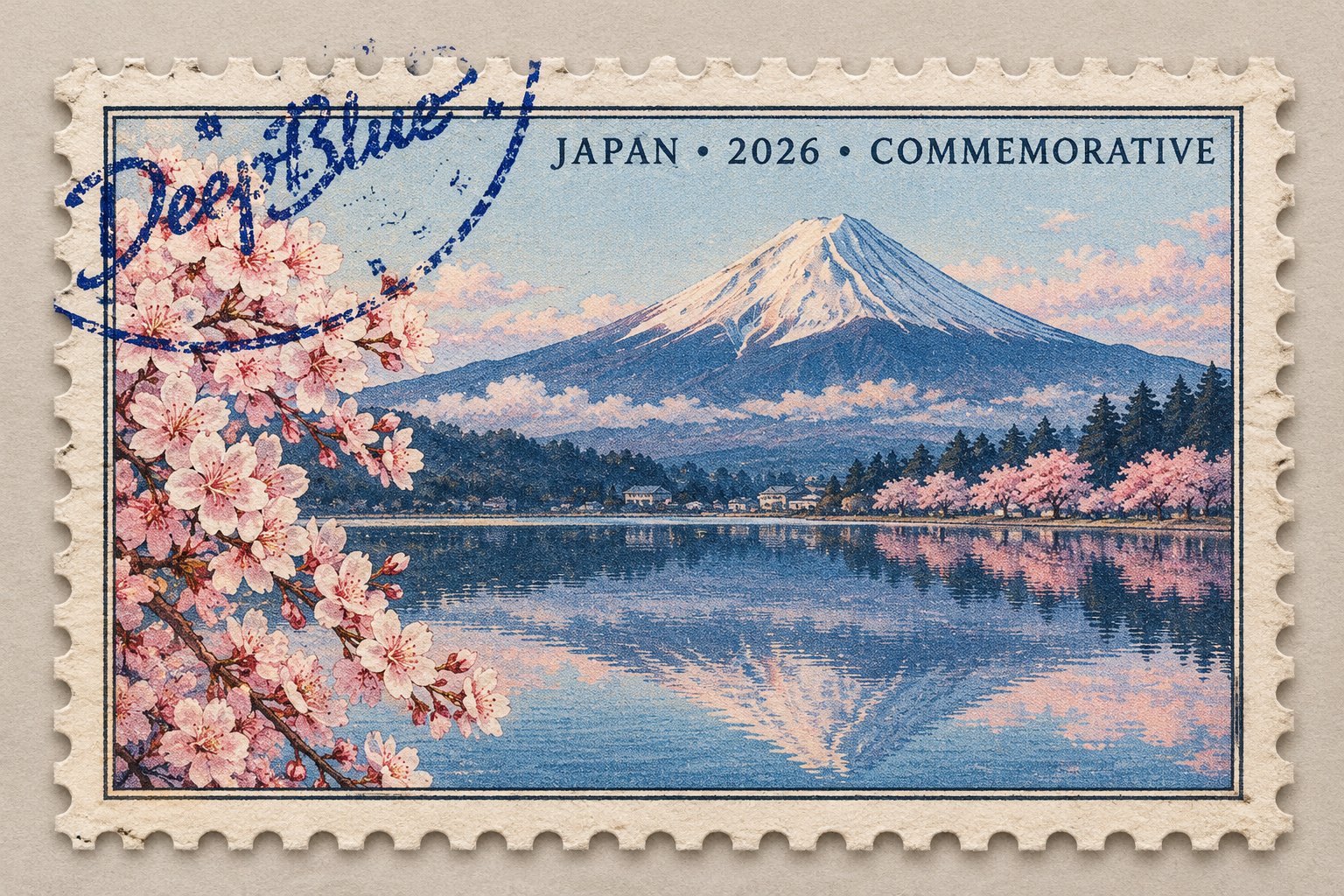 日本富士山湖景复古纪念邮票设计