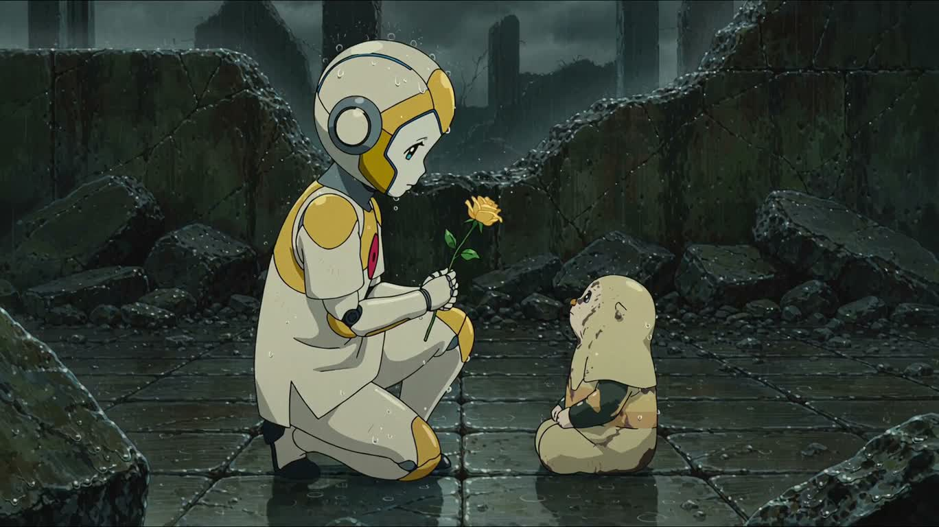 雨中废墟与黄玫瑰