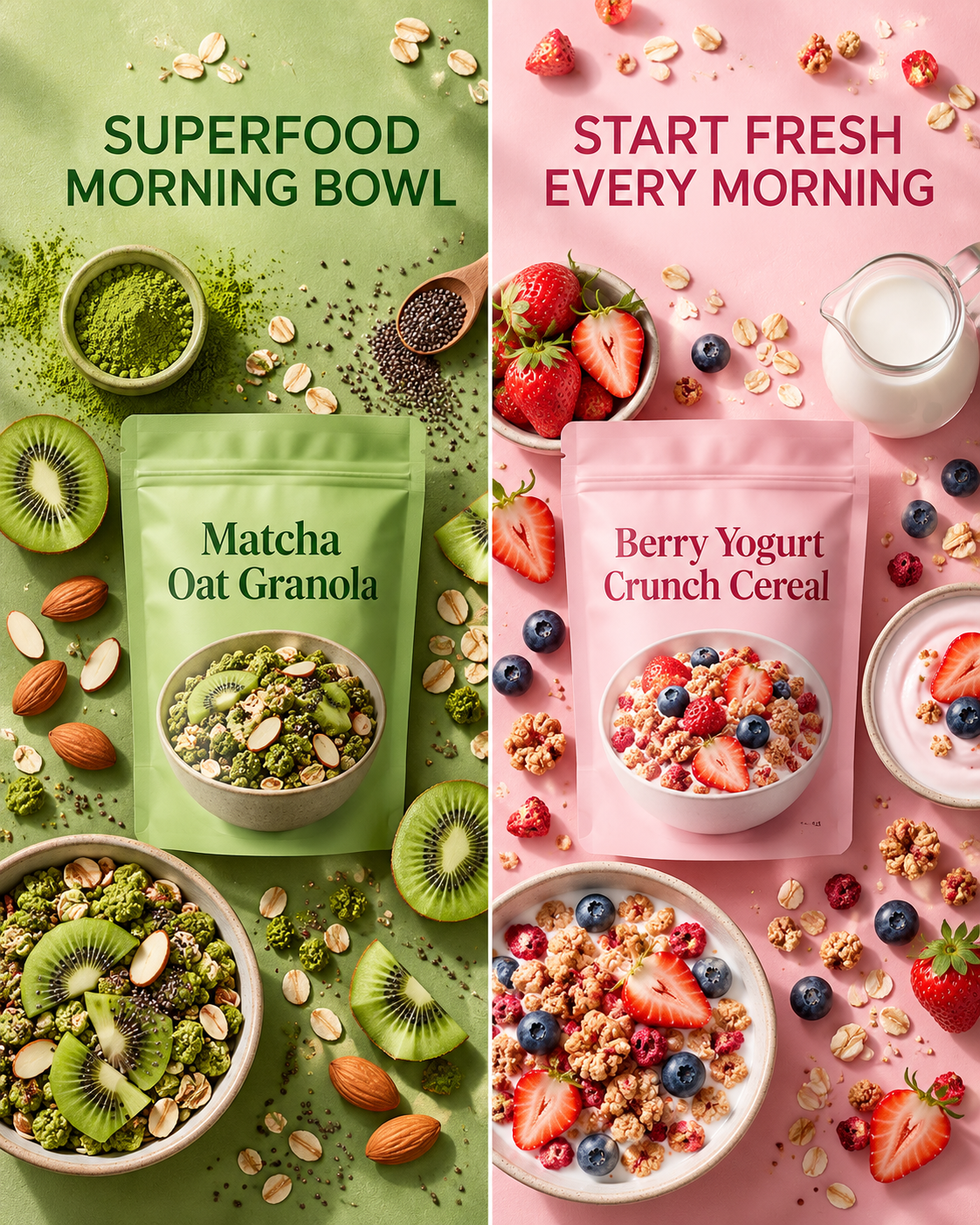 Quảng cáo ngũ cốc ăn sáng yến mạch matcha và sữa chua quả mọng
