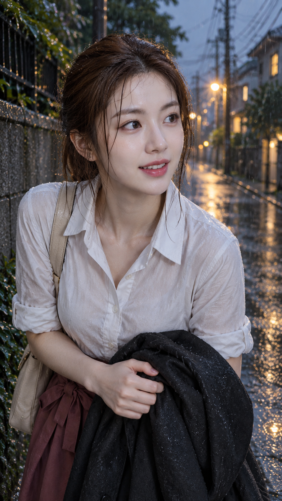 雨中小巷抱着黑色外套的侧身微笑 — AI image creation