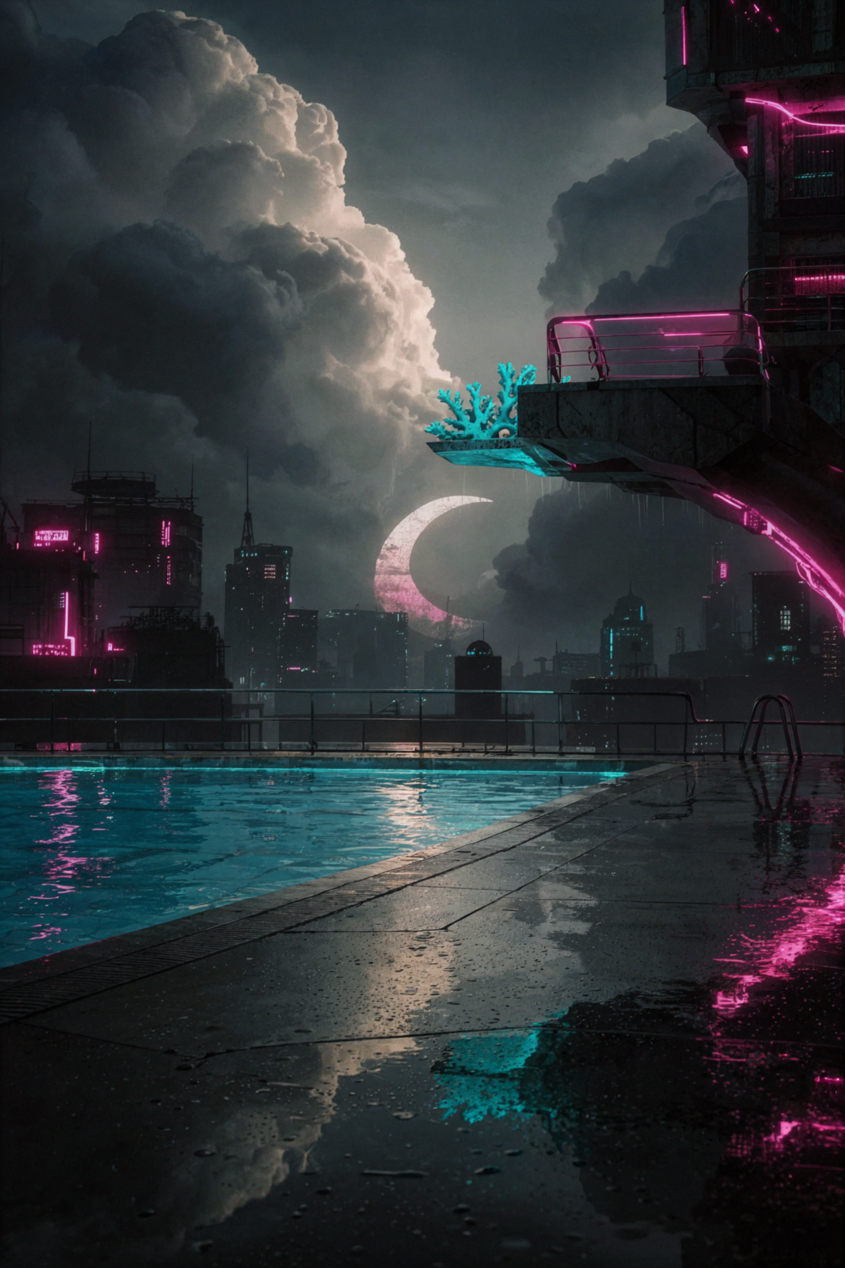 구름 위 수영장 · 사이버 야경 — AI image creation
