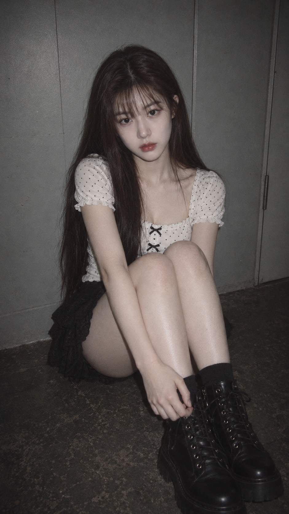 회색 벽 옆 레트로 디지털 우울한 앉은 인물 초상