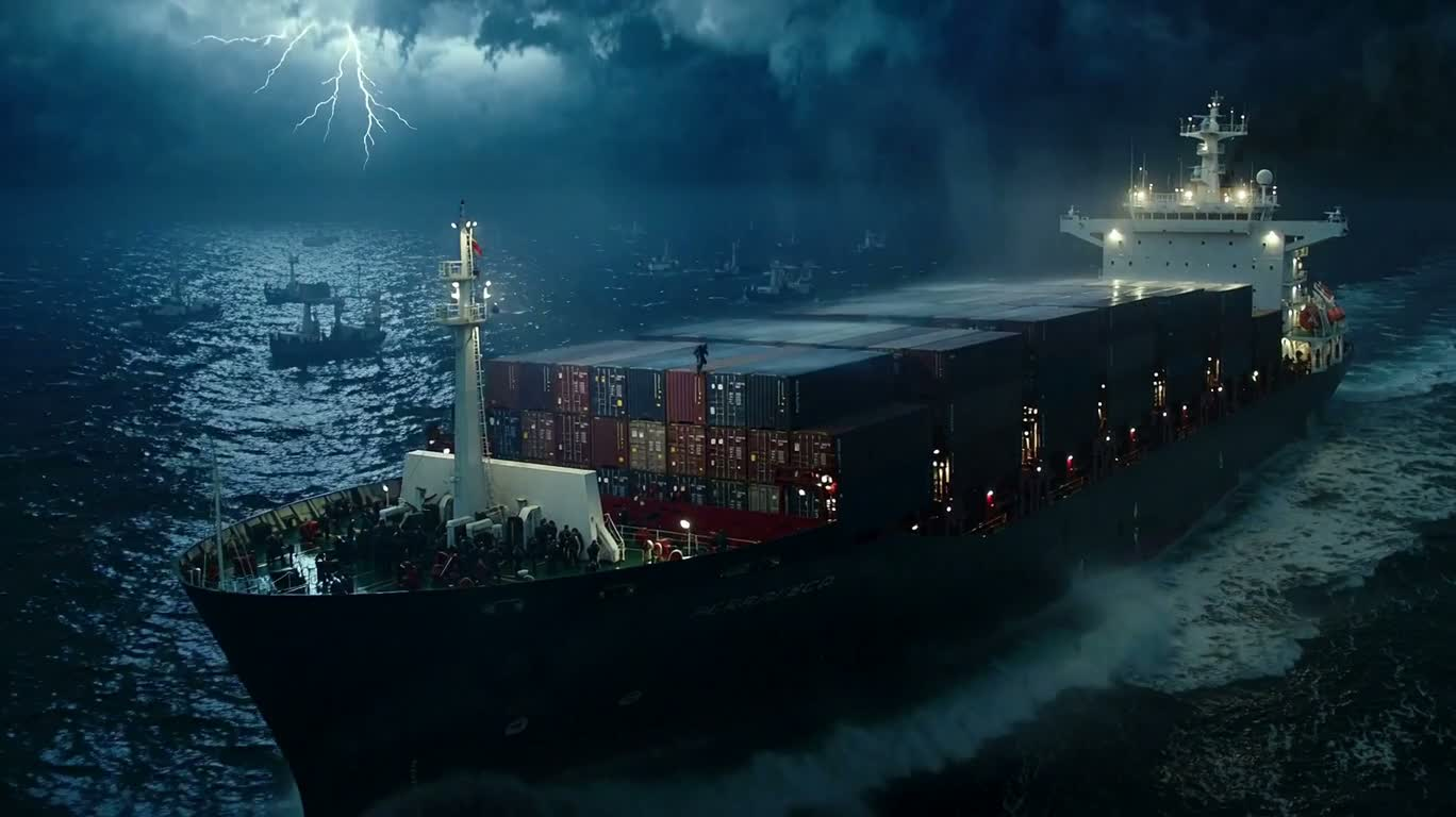 Container bay bổng trên tàu chở hàng trong bão