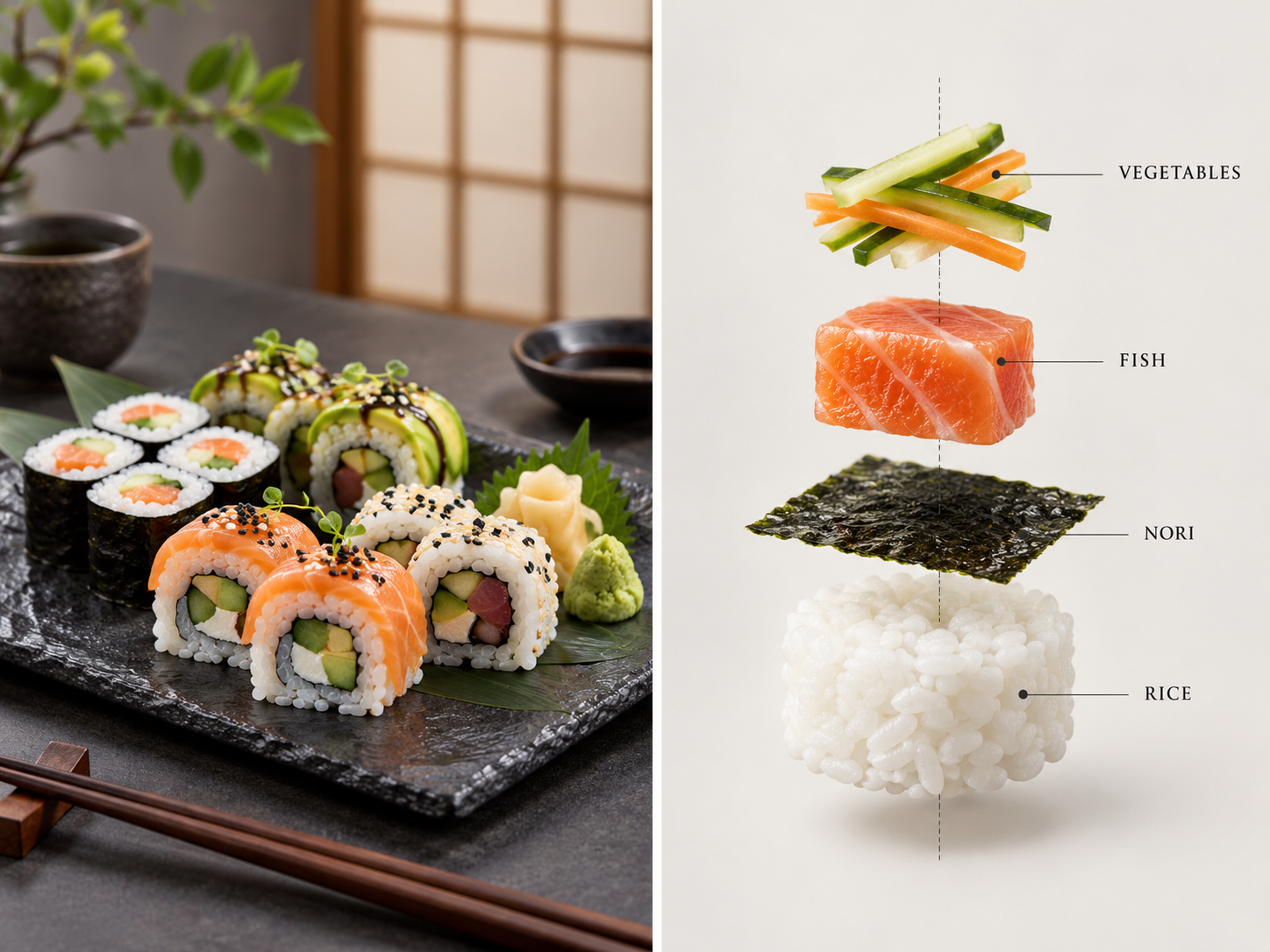 Ảnh sushi trên đá phiến và sơ đồ hai cột phân tách cuộn sushi