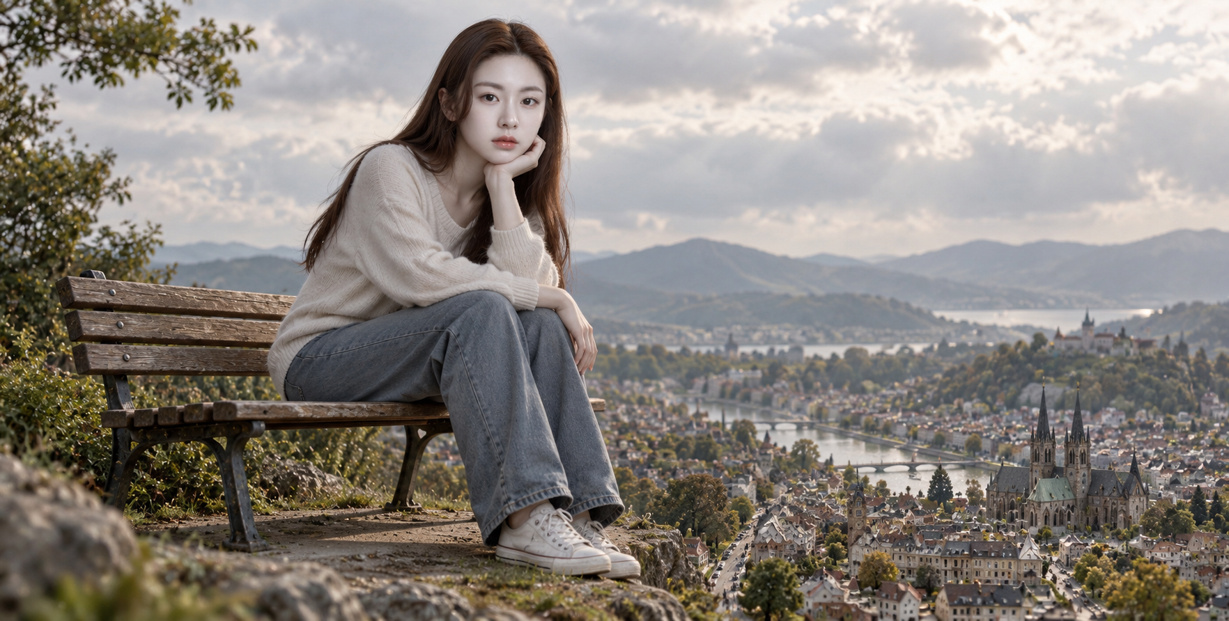 미니어처 도시 벤치 위의 거대한 자아