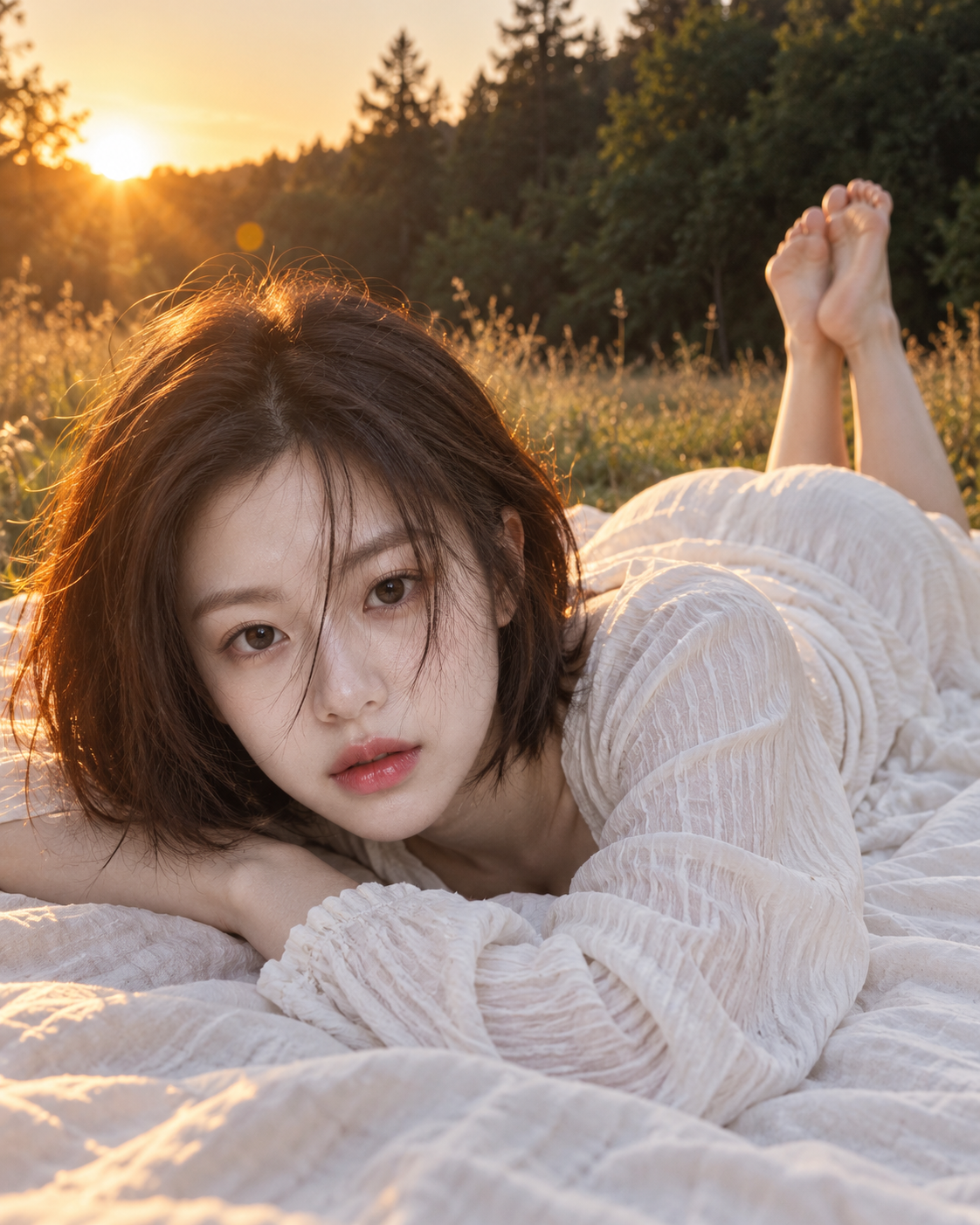 노을 진 초원에 선 흰 원피스 단발 여성의 초사실주의 사진