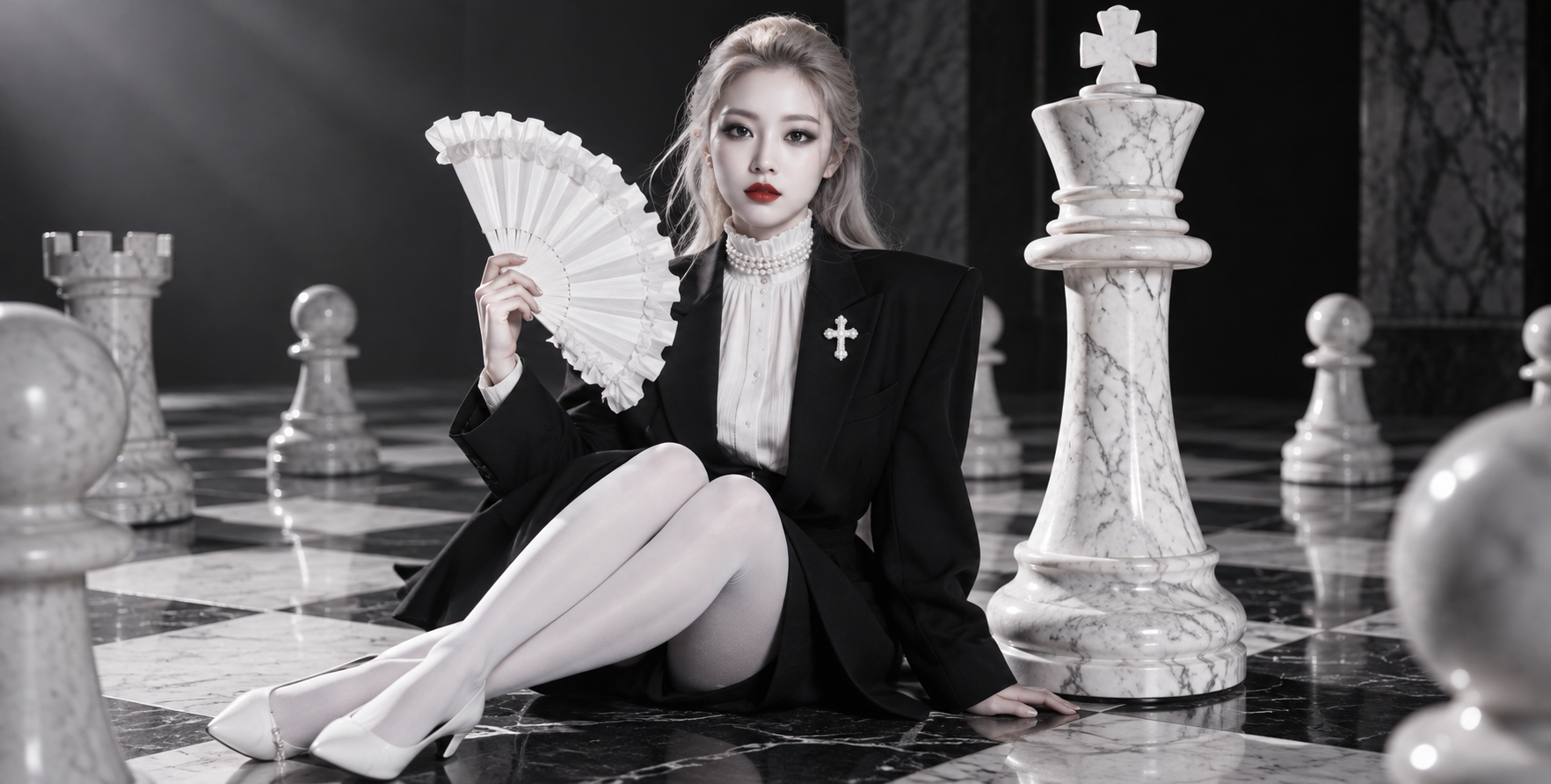 대리석 체스판 위의 흑백 오트쿠튀르 인물화