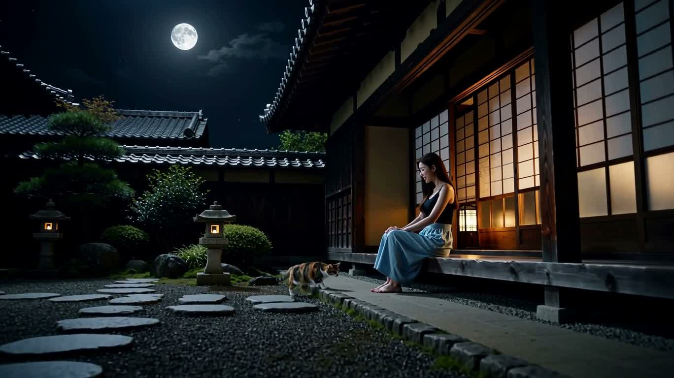 Cuộc gặp gỡ dịu dàng giữa mèo và sân vườn dưới ánh trăng