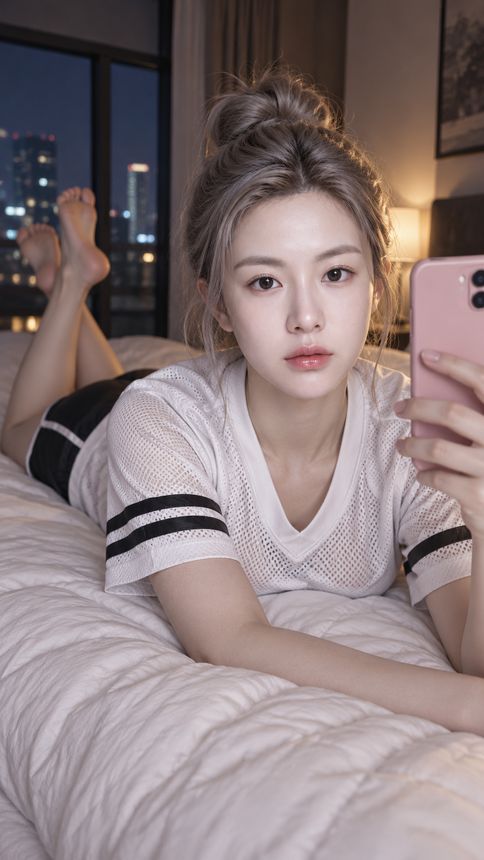 야간 조명 아래 은발 홈트 셀카