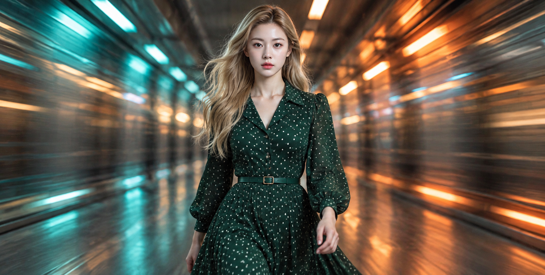 成年女性穿行霓虹未来隧道的复古时尚肖像