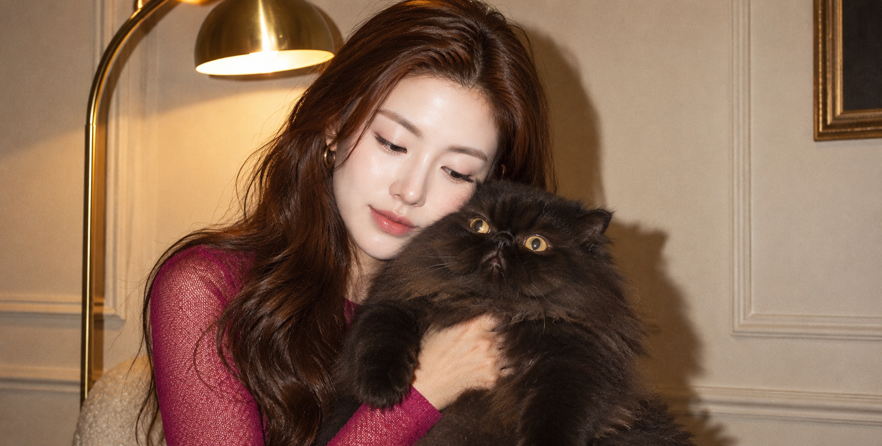 复古闪光灯下的洋装少女与呆萌黑猫
