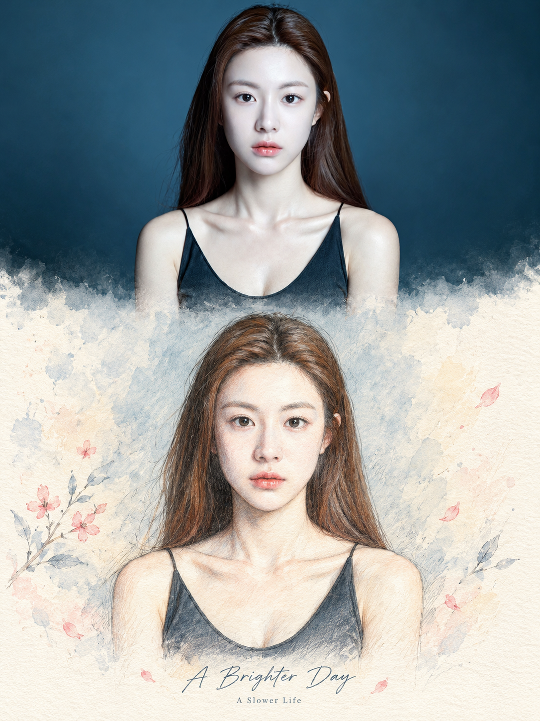 참고 사진을 활용한 상하 분할 수채화 편집 포스터