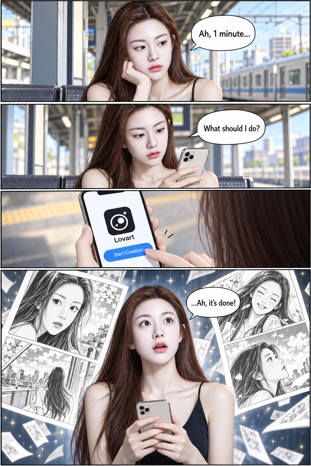 通勤间隙用手机创作四格漫画 — AI image creation