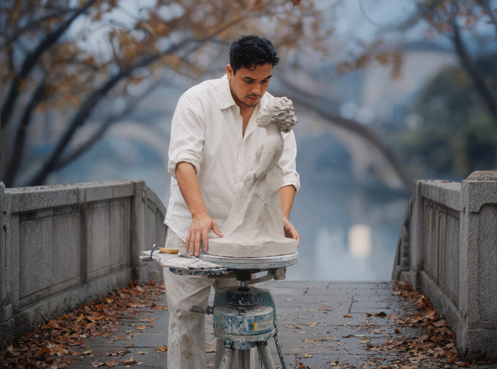 Adult Latino Male Sculptor · Sculpture Turntable · Old Lens Swirl Focus — AI image creation