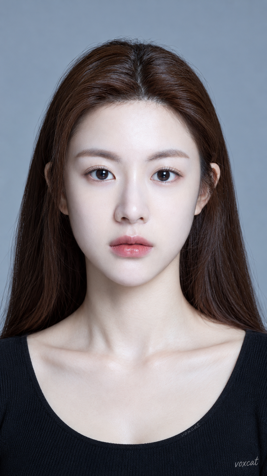 우아하고 단정한 동아시아 여성의 정면 스튜디오 증명사진
