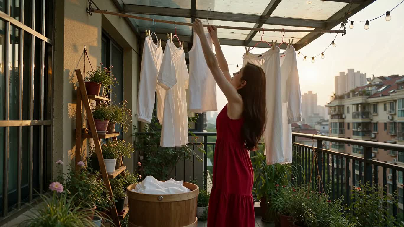 Coucher de soleil sur le balcon, linge qui sèche