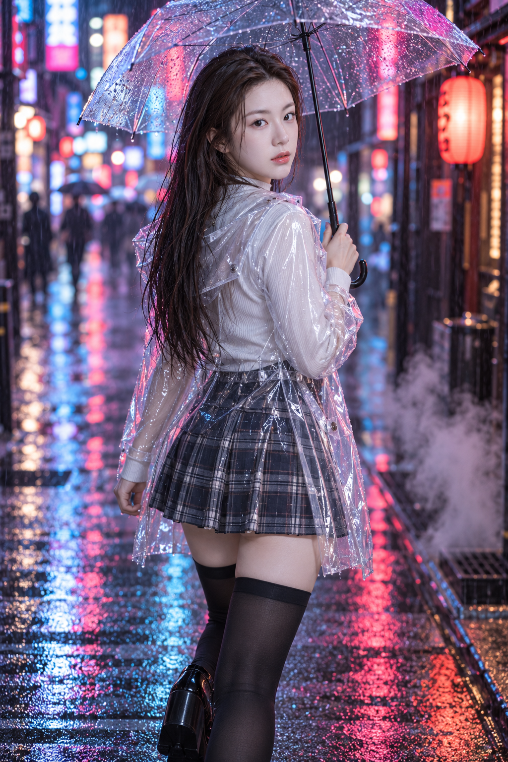 东京霓虹雨巷中的成年女性回眸街拍