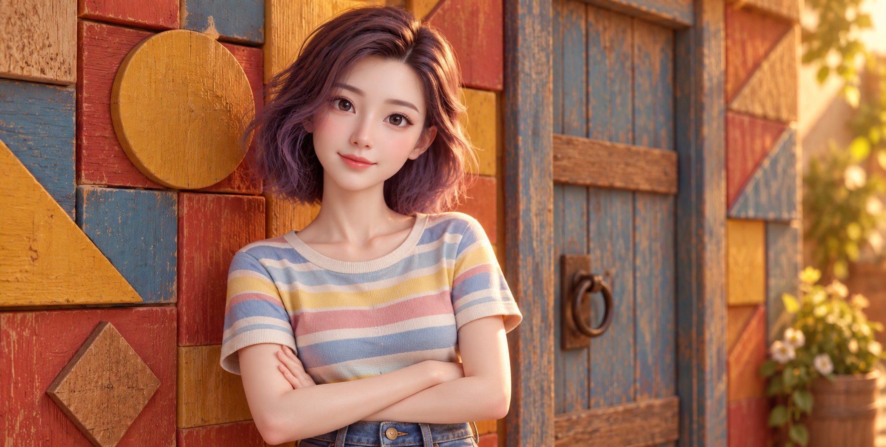 알록달록한 수제 나무 벽 앞의 따뜻한 3D 초상화