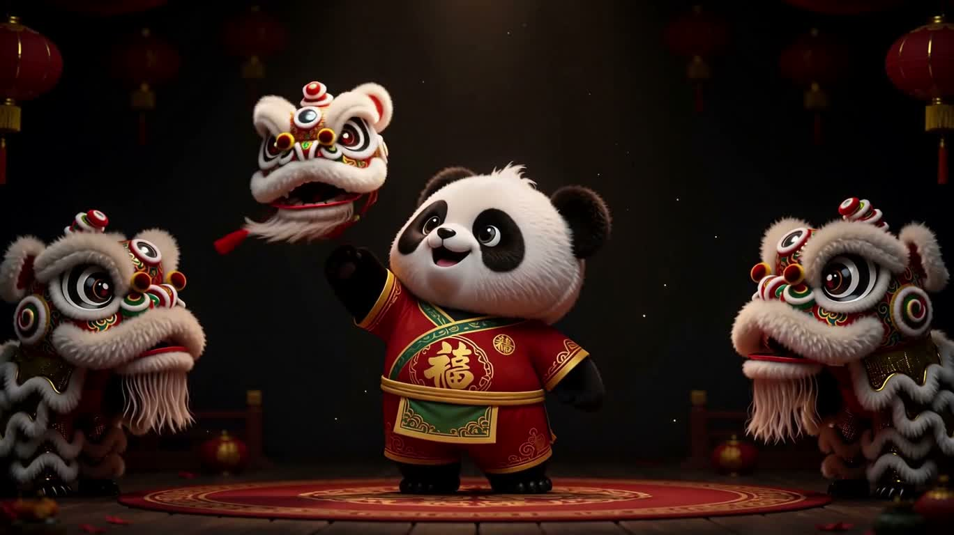 春节幻境熊猫舞狮童话