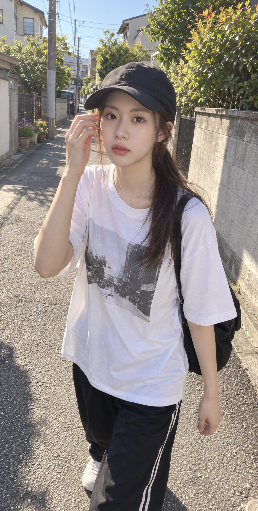 黑色棒球帽成年女性住宅区午后散步