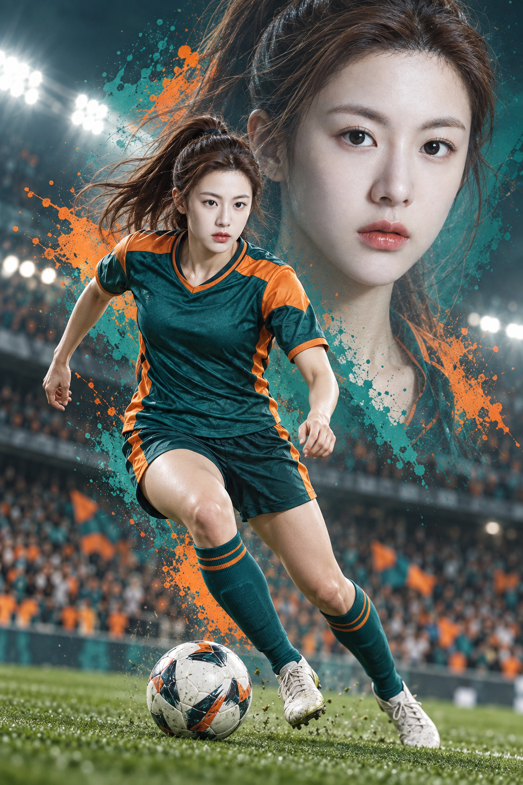 双重曝光女足球员运动主题海报