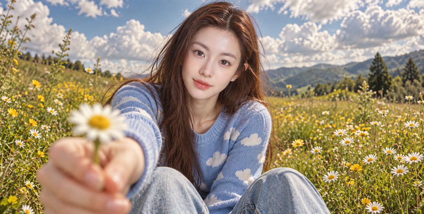 野花田中递出雏菊的复古电影肖像