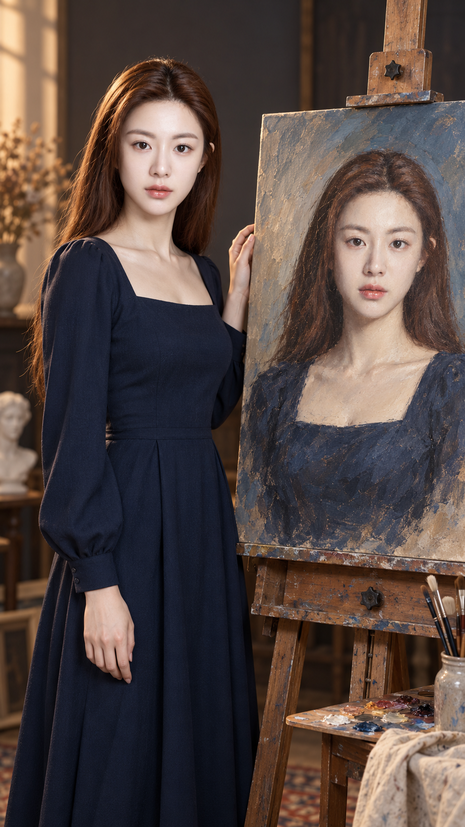 暖光影棚中展示自画像的成年艺术家