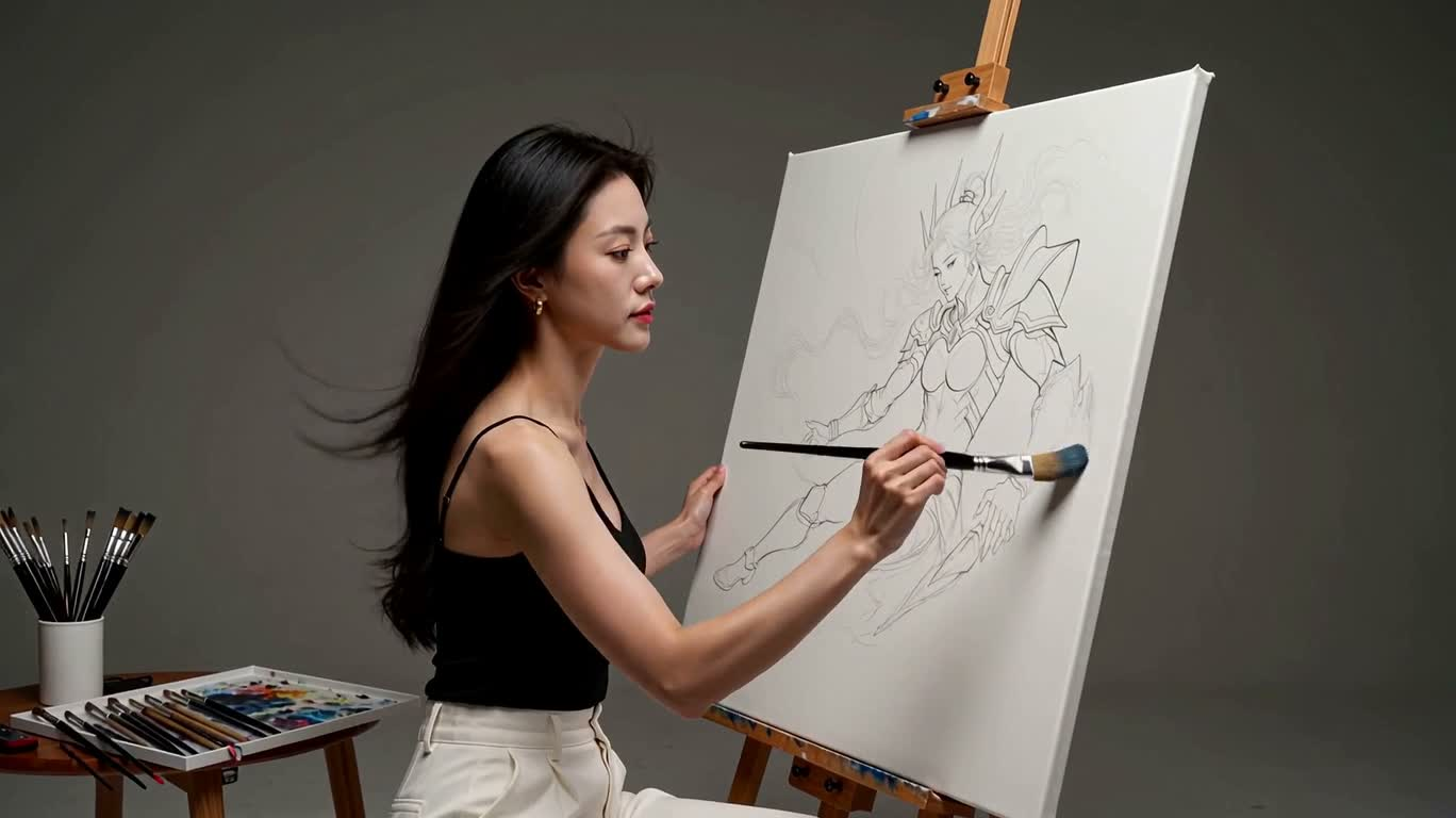 黑发女子创作幻彩协作画