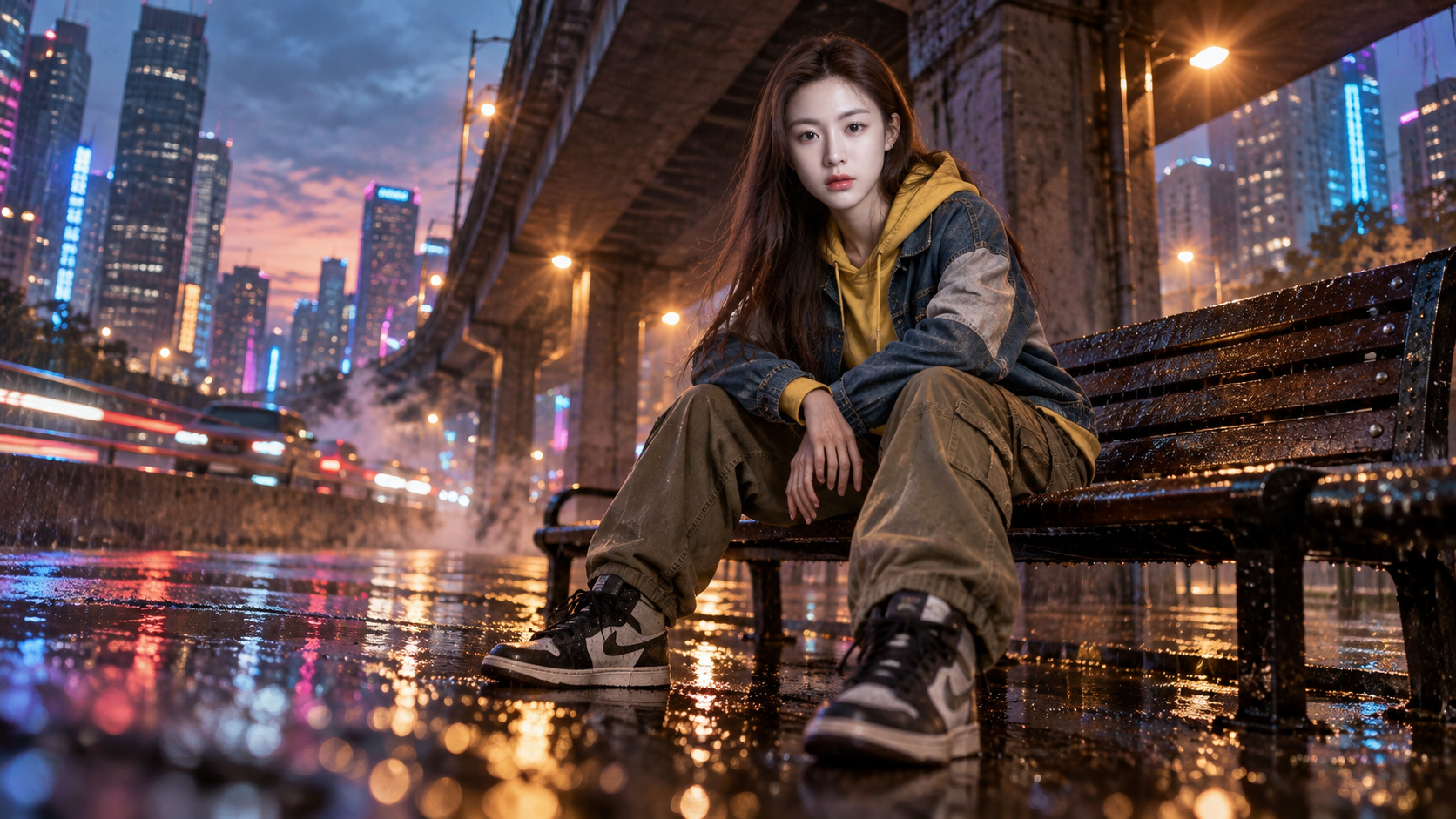 비 내리는 밤 고가도로 벤치의 네온 인물