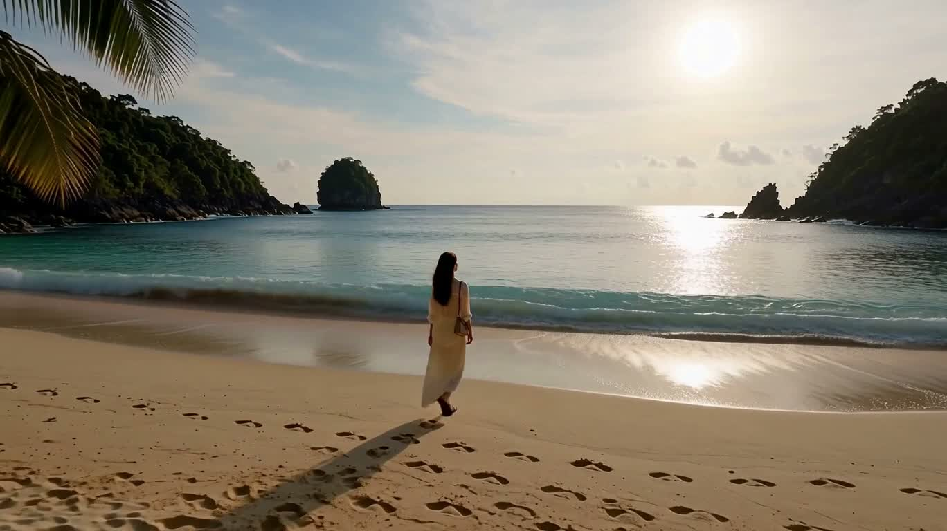 Promenade dorée sur une côte tropicale