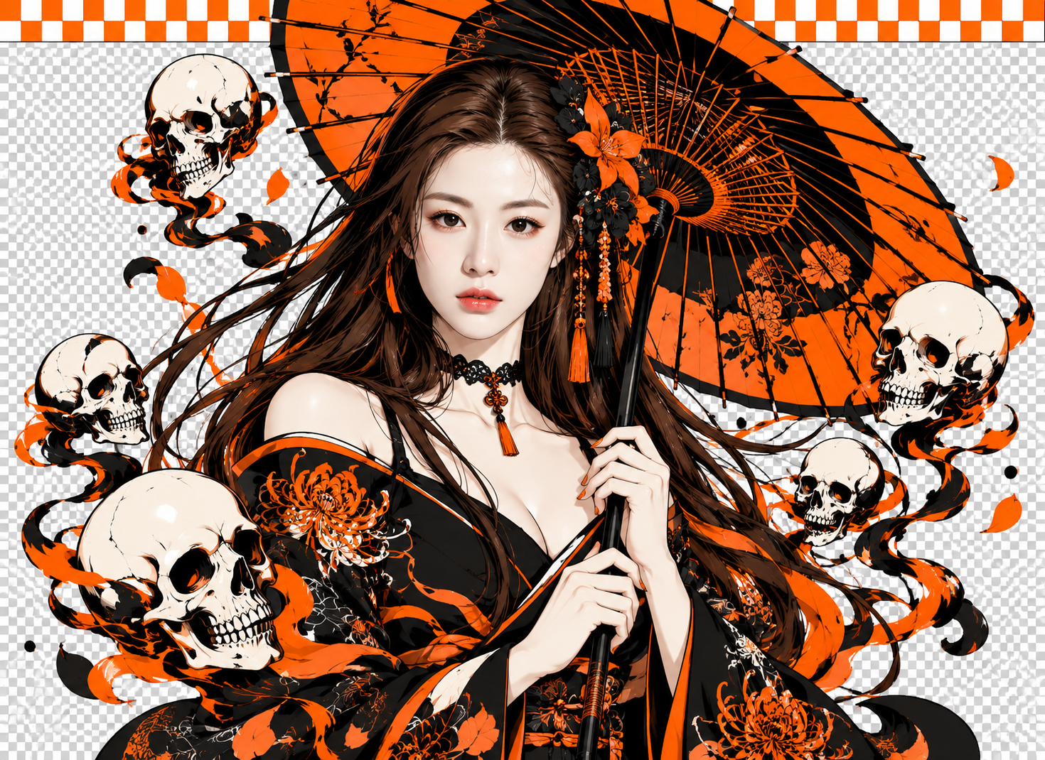 哥特动漫和伞少女橙黑骷髅矢量插画 — AI image creation