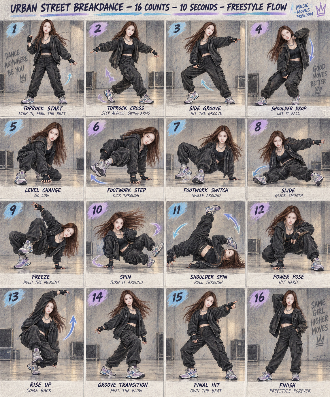 成年舞者彩铅风街舞16步教程 — AI image creation