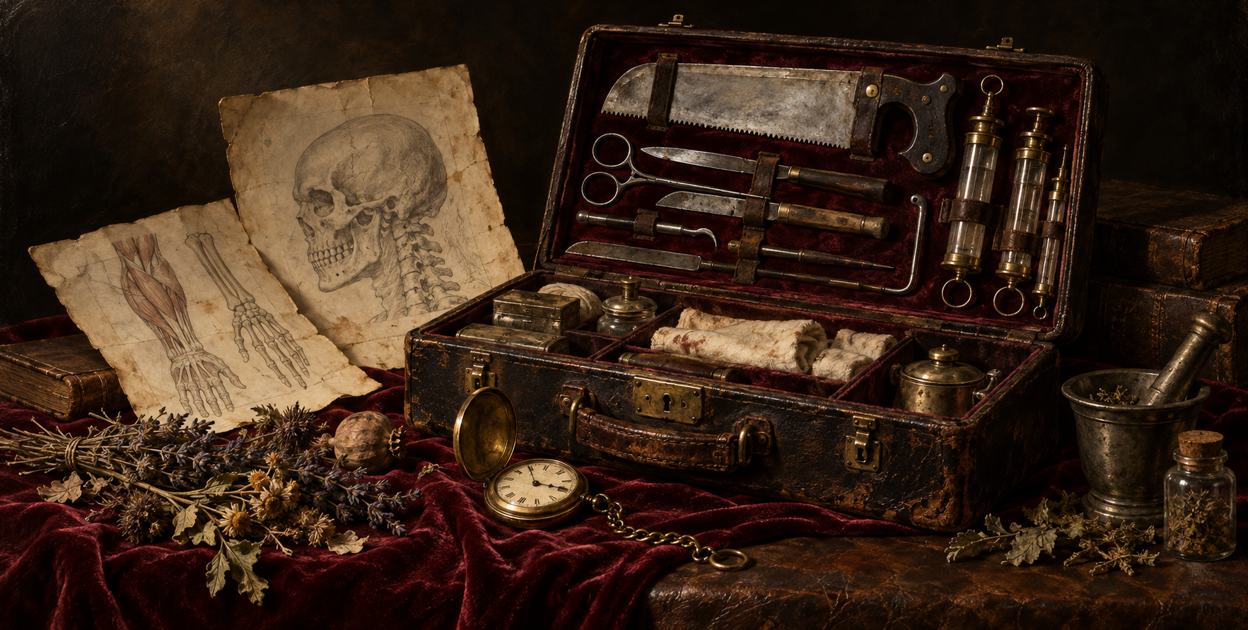 Классический натюрморт с викторианским хирургическим набором — AI image creation