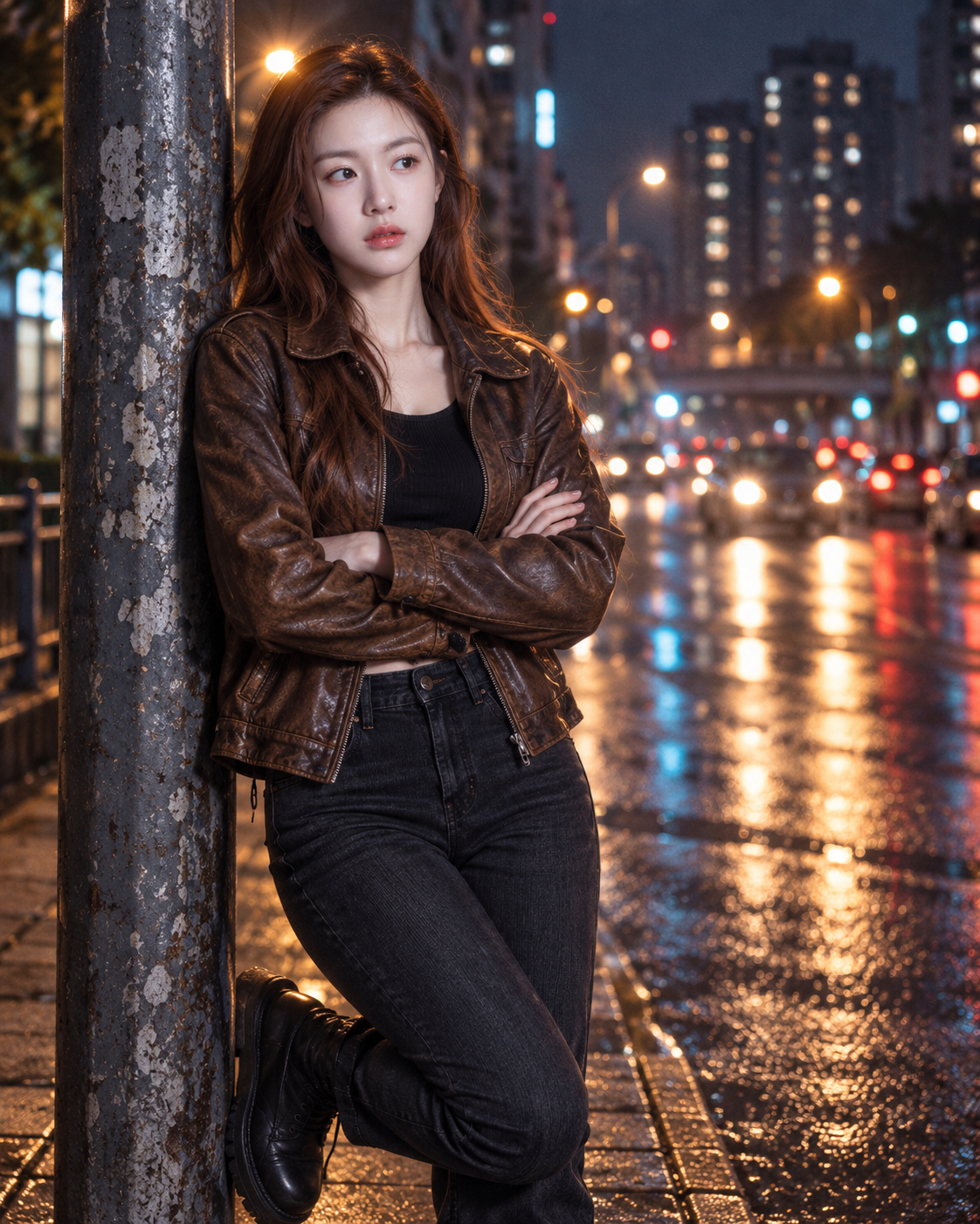 霓虹夜色下的都市皮衣女郎电影感人像