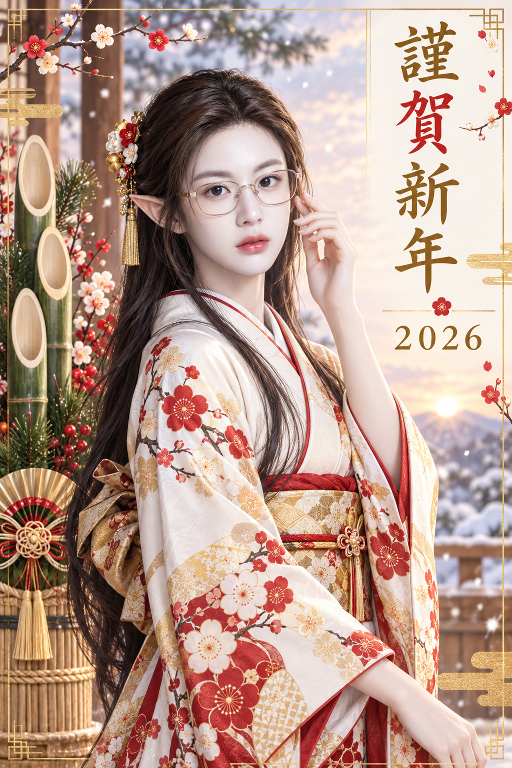2026门松与和服精灵新年贺卡 — AI image creation