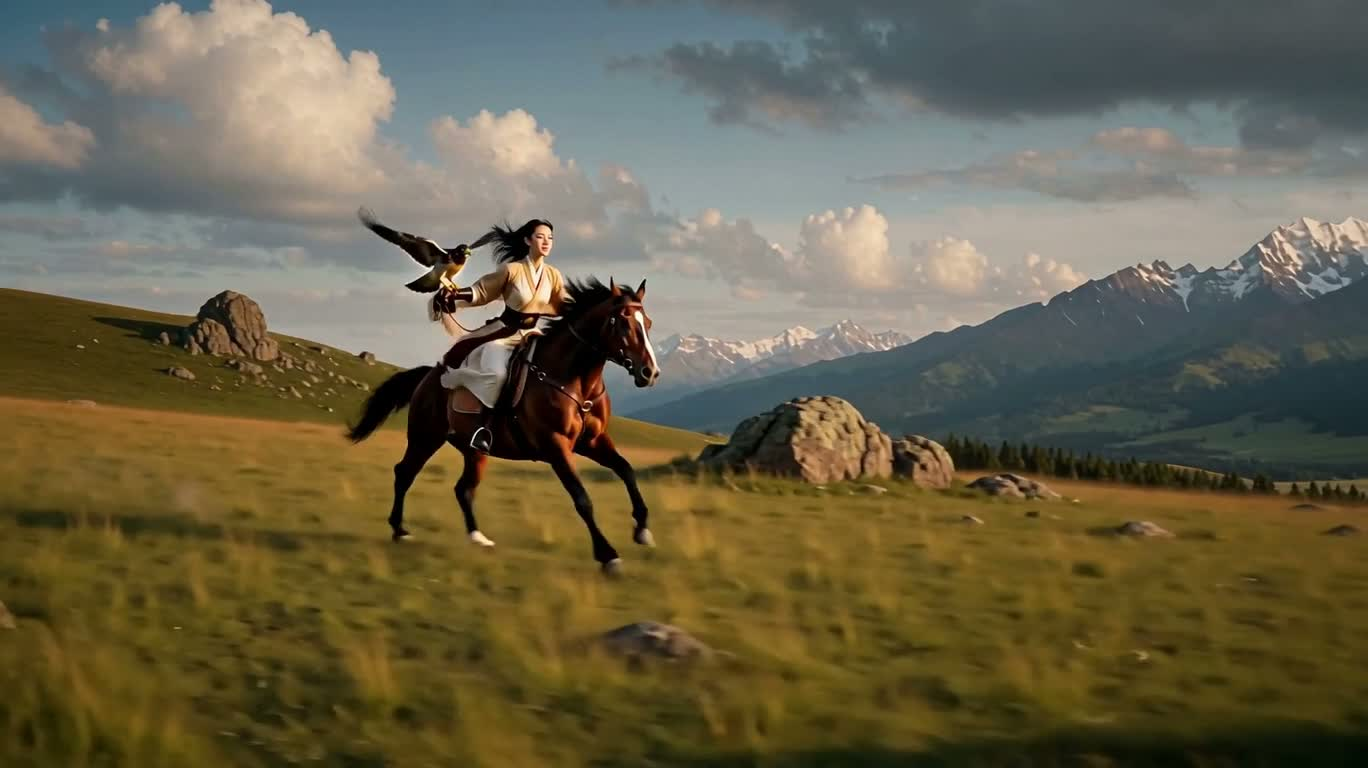 优雅女猎鹰师驰骋幻境 — AI video creation