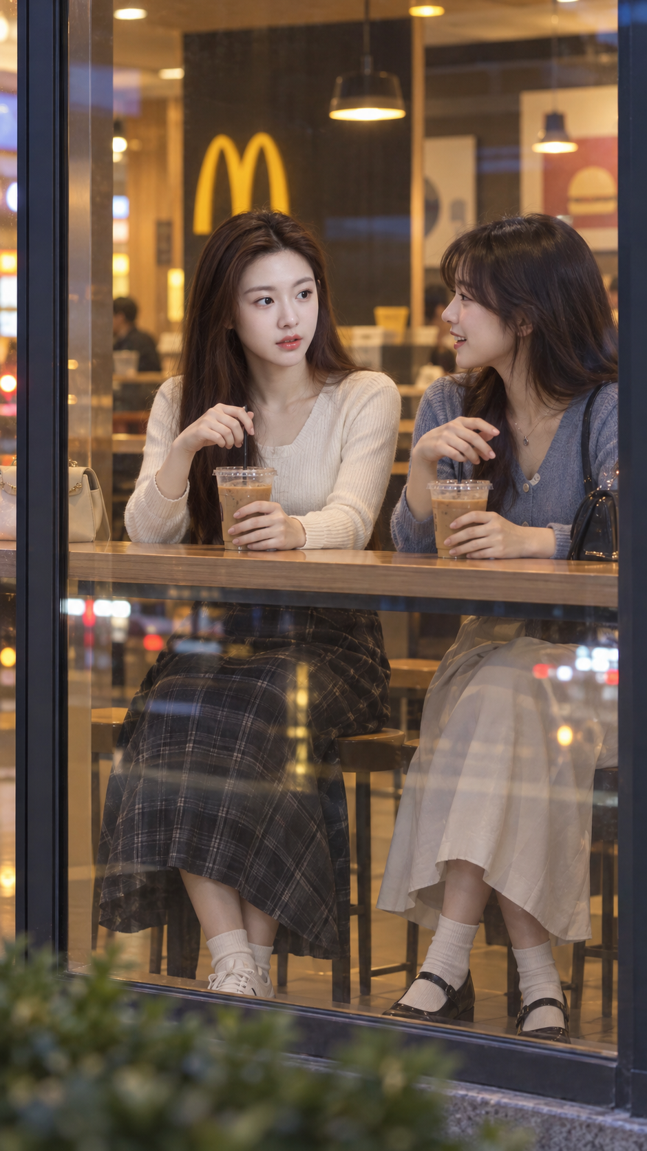 Two friends chatting by a restaurant window