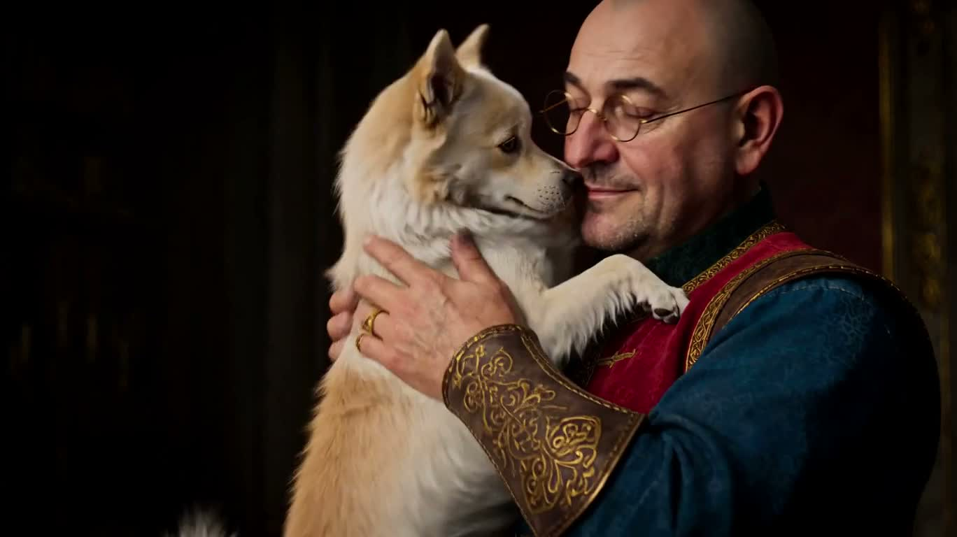 Man Embracing White Dog in a Fantasy World — AI video creation
