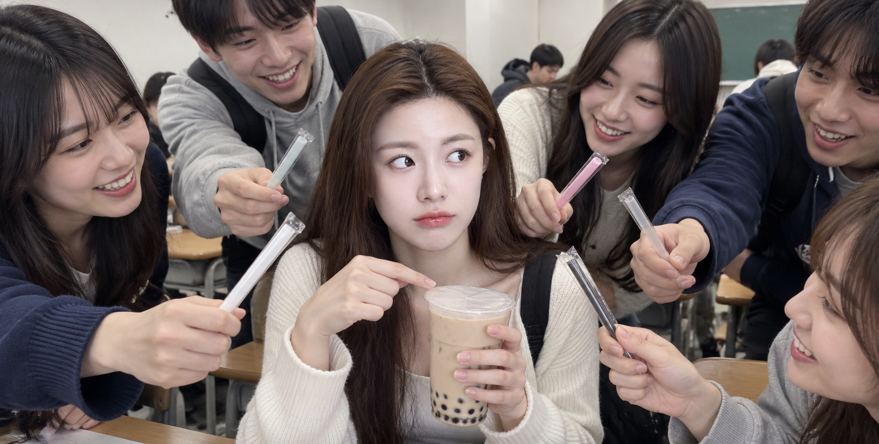 대학 강의실에서 밀크티 빨대를 건네는 단체 스냅