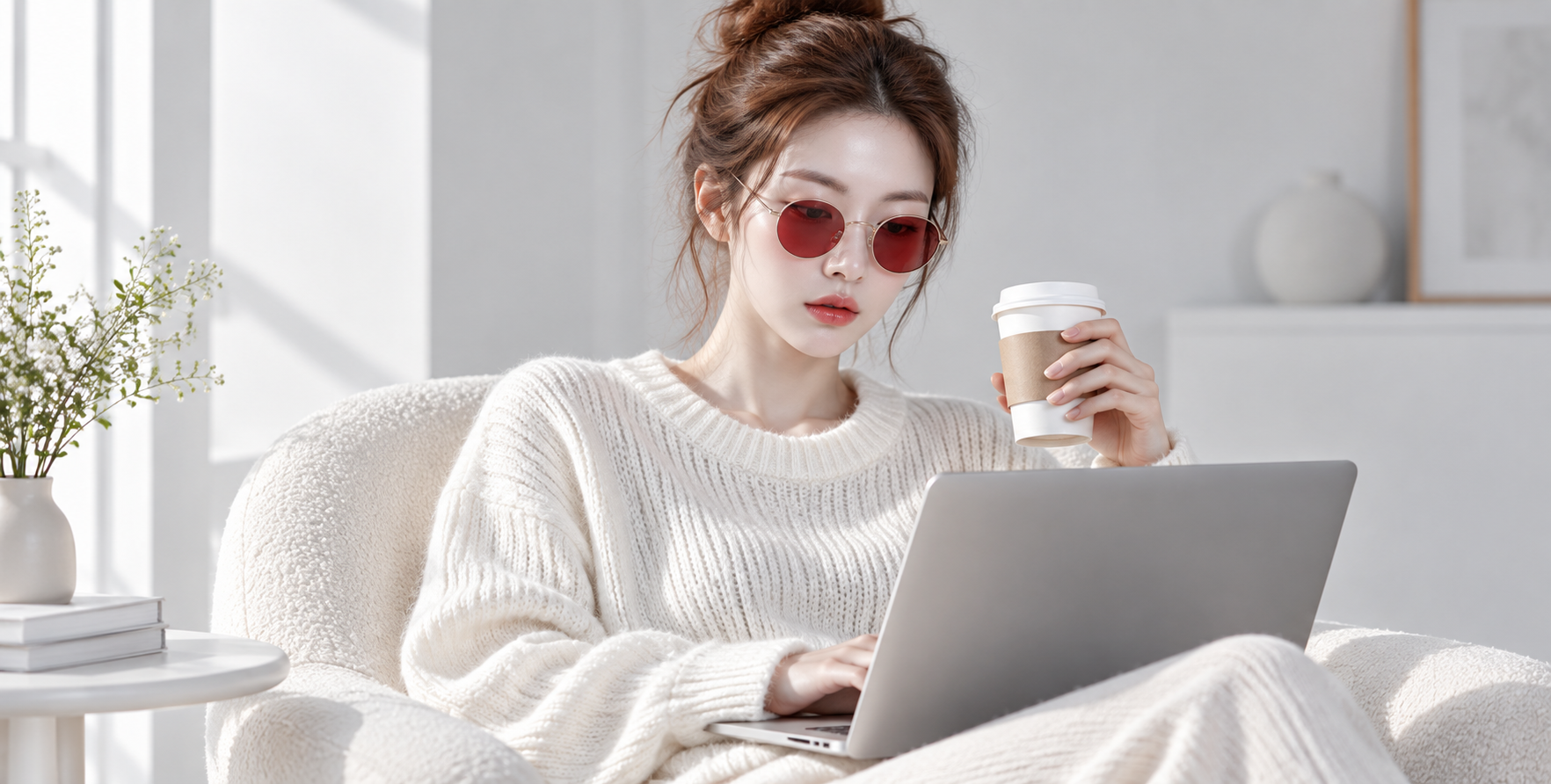 白色纹理毛衣成年女性居家办公生活肖像