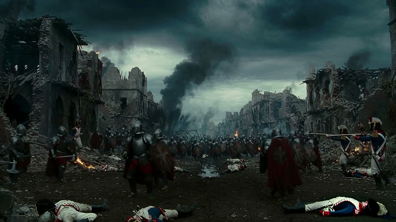 Bataille des légions médiévales et napoléoniennes dans la ville en ruines — AI video creation