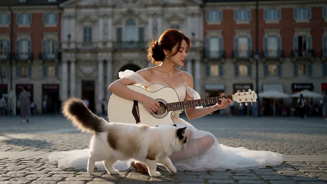 Đàn guitar và mèo trắng ở quảng trường châu Âu