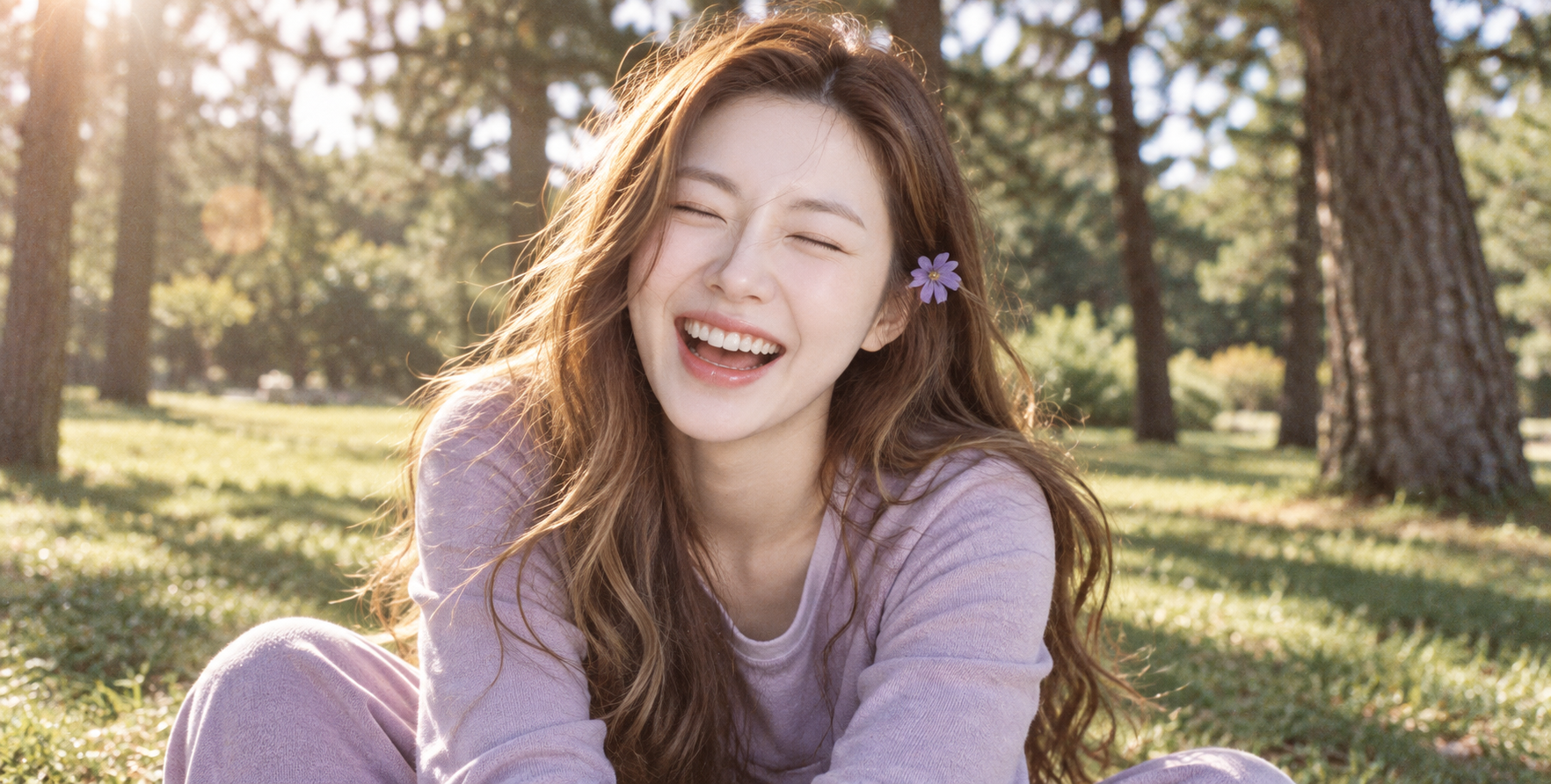 成年女性阳光公园薰衣草套装胶片肖像