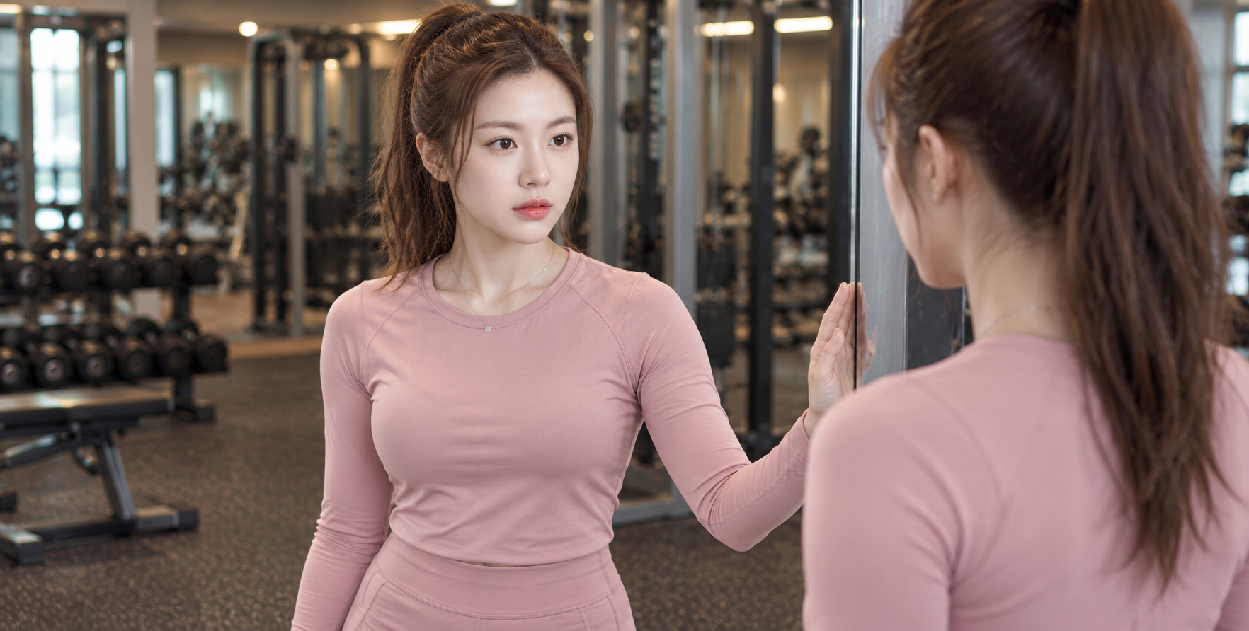 분홍색 운동복을 입은 여성의 헬스장 거울 앞 훈련 기록