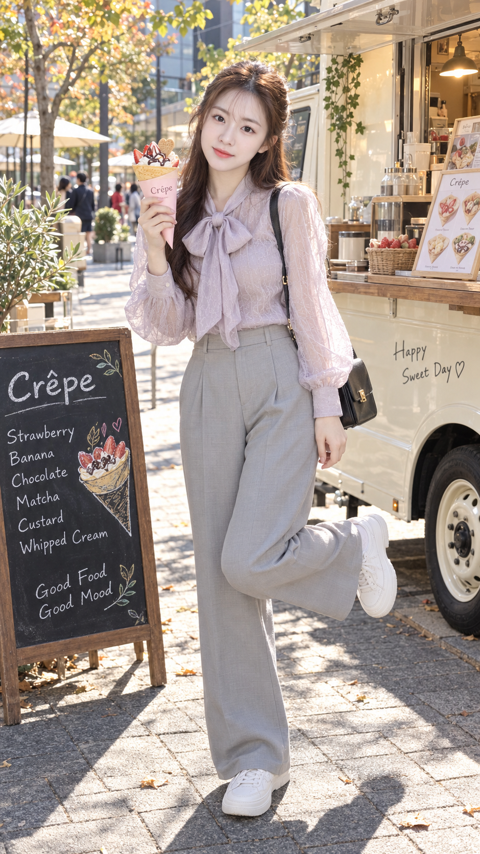 淡紫蝴蝶结衬衫成年日本女性与可丽饼餐车街拍 — AI image creation